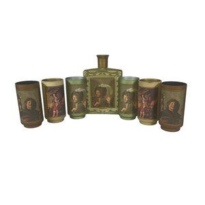 Vintage Art Glass Decanter & Tumbler Set Charles I Boy Flute Green Gold Images